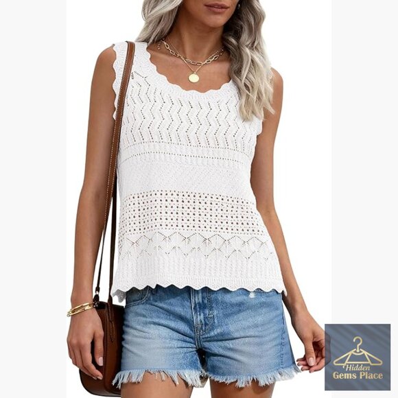 Tops - Crochet Tank Top Sleeveless Sweater Vest Boho Beach Vacation Wear